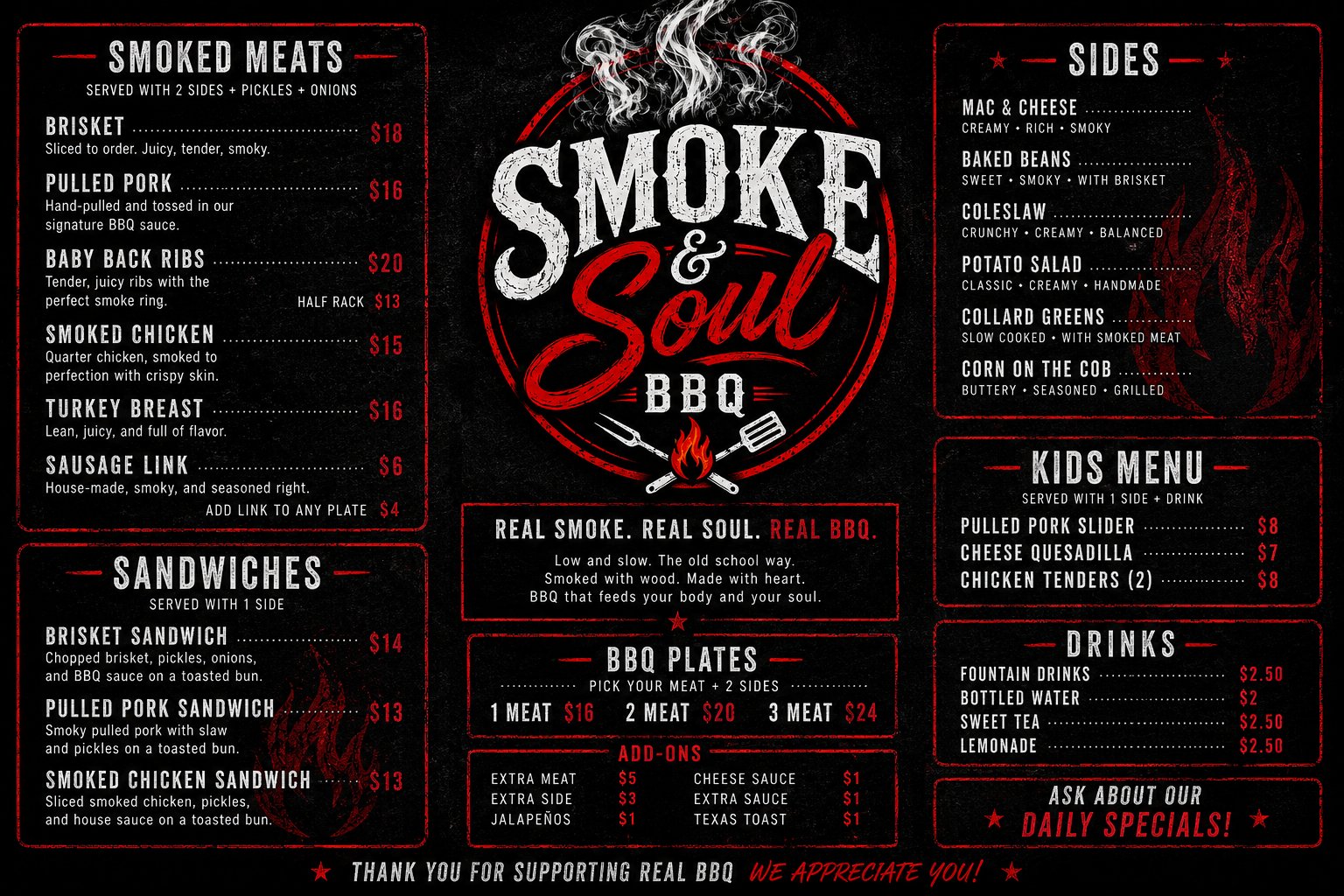 Smoke & Soul BBQ full menu — smoked meats, sandwiches, sides, BBQ plates, kids menu, drinks